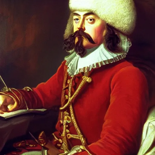 Image similar to russian tsar Peter The Great in tricorne hat and camisole, clean-shaven 18th century installs operating system on desktop computer oil painting, detailed, artfully traced, 4k resolution, cinematic, dramatic