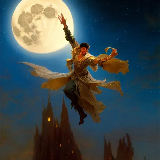 Image similar to attractive male wizard magically floating and flying high in the night sky, fantasy, full moon in background. highly detailed painting by gaston bussiere, craig mullins, j. c. leyendecker, mid shot, 8 k