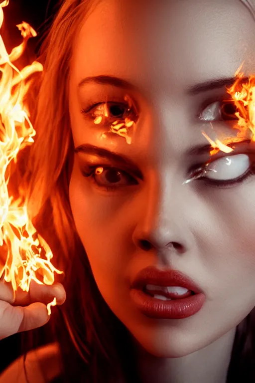 Prompt: gorgeous young blonde woman playing with flames coming out of her eyes wearing t-shirt, cyberpunk, realistic, high definition, many details, dramatic scene, symmetrical face, realistic eyes, unreal engine art 5