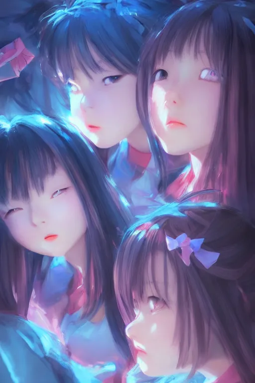 Prompt: 3d infrared octane render concept art by Mo Xiang Tong Xiu, by Igarashi Daisuke, by makoto shinkai, cute beauty cozy portrait anime schoolgirls under dark pink and blue tones, mirror room. light rays. water bellow. pretty realistic face. cute eyes. dramatic light, trending on artstation, oil painting brush