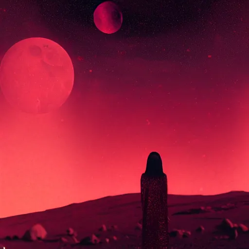 Prompt: A sad spiritual witch standing on mars looking at camera, distant background, red lighting, ominous, moonlight, bokeh, synthwave, psychedelic, glitch, acrylic, flooko, detailed,