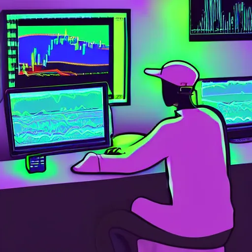 Prompt: a man sitting on his computer with a backwards hat staring at several computer monitors showing crypto trades, colourful, chill, anime asthetic, neon glow, gamer, playstation 2, digital illustration, in style of lofi hip hop - n 4