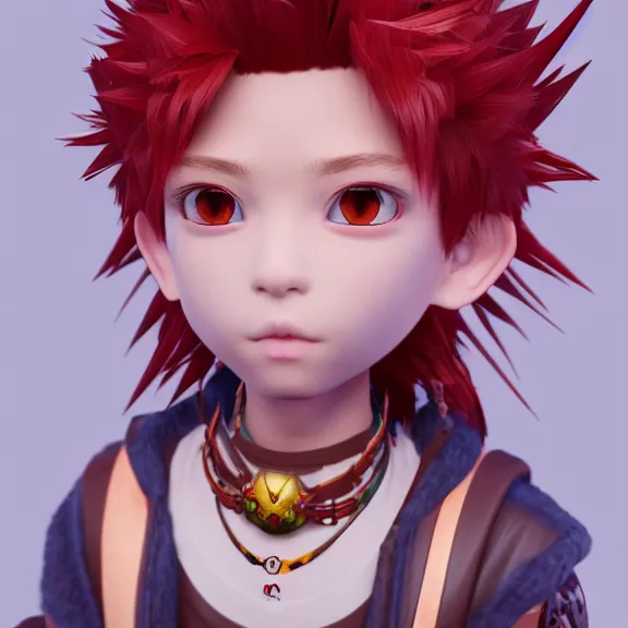 Image similar to 3D render of a cute tribal anime boy, fantasy artwork, fluffy hair, mid-shot, award winning, hyper detailed, very very very beautiful, studio lighting, artstation, unreal engine, unreal 5, 4k, octane renderer