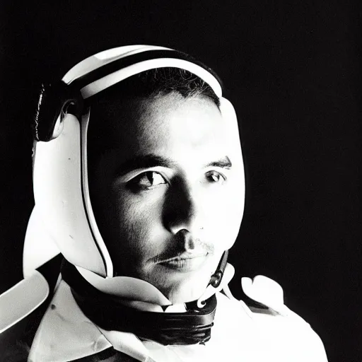 Image similar to a long shot, black & white studio photographic portrait of a mexican pilot, dramatic backlighting, 1 9 9 3 photo from life magazine, color photo