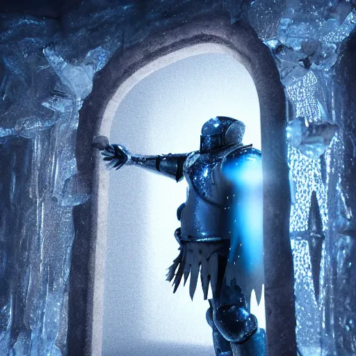 Prompt: shiny knight frozen inside a block of ice, as viewed from outside, his sword is near him inside the ice, while a single ray of light comes from an opening in the wall, fantasy render, unreal engine 5, octane, raytracing, light transport, artstation