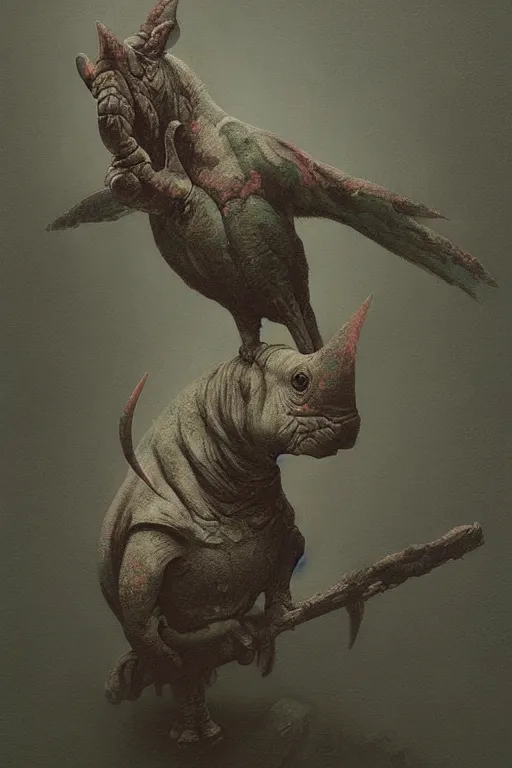 Image similar to painting of cross between parrot & rhino, intercrossed animal, by zdzislaw beksinski, by tiffany bozic, cold hue's, warm tone gradient background, concept art, beautiful composition, digital painting,