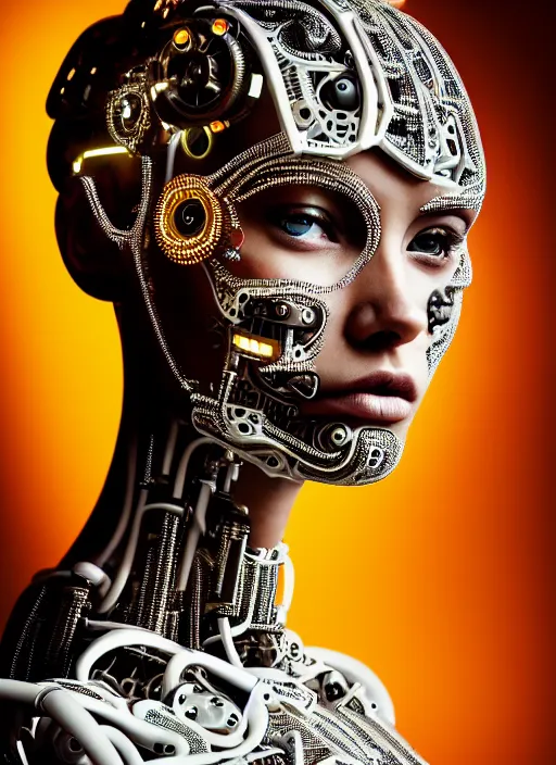 Prompt: a stunning young female cyborg profile face, face is made intricate tribal bio - mechanical, editorial photography, shot on 7 0 mm, depth of field, f / 2. 8, high contrast, 1 6 k, rays of shimmering light, volumetric lighting, shiny, insanely detailed and intricate, hypermaximalist, elegant, ornate, hyper realistic, super detailed