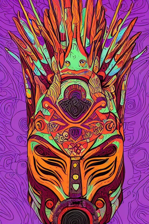 Image similar to animal mask totem roots flower tribal feather gemstone plant wood rock shaman vodoo video game vector cutout illustration vivid multicolor borderlands comics by josan gonzales and dan mumford radiating a glowing aura