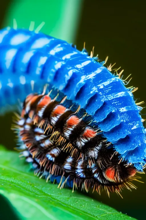 Image similar to high quality macro photo cute puss moth caterpillar! highly detailed hannah yata elson peter cinematic blue lighting high quality low angle hd 8k sharp shallow depth of field