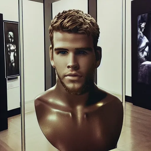 Image similar to “ a realistic detailed photo of a guy who is an attractive humanoid who is half robot and half humanoid, who is a male android, actor liam hemsworth, shiny skin, posing like a statue, blank stare, at the museum, on display ”