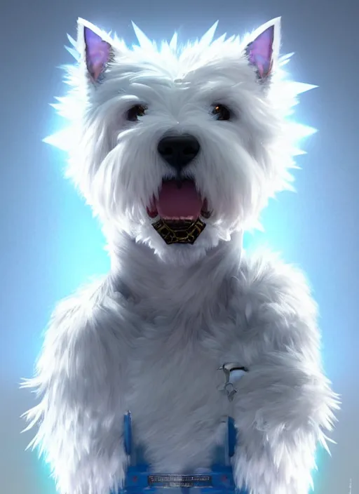 Image similar to a west highland white terrier, anime art style, wearing futuristic, led - lit armor, and a cannon mounted on his back, portrait, high detail, sharp focus, digital painting, artstation, concept art, art by hayao miyazaki and artgerm and greg rutkowski and alphonse mucha.