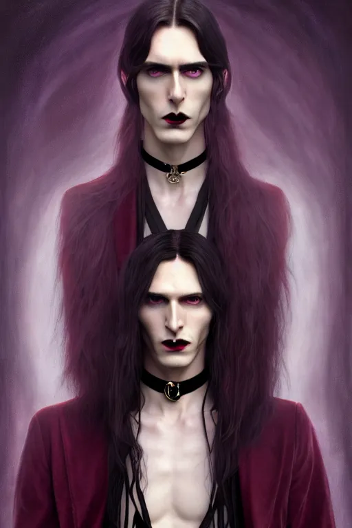 Image similar to a beautiful androgynous man, long hair, tall and thin, vampire, dressed in velvet, wearing several pendants and a choker, illustration, dramatic lighting, soft details, painting oil on canvas, art nouveau, octane render, hdr, 4 k, 8 k, hd, by edmund blair leighton, brom, charlie bowater, faces by otto schmidt