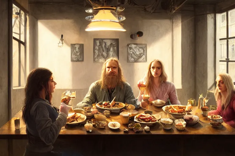 Prompt: portait of a pig and a mallard and a blonde woman with long hair having dinner at sunday in brooklyn restaurant, anatomy, bathed in light, highly detailed, photorealistic, artstation, smooth, sharp focus, illustration, unreal engine 5, 8 k, art by artgerm and greg rutkowski and edgar maxence