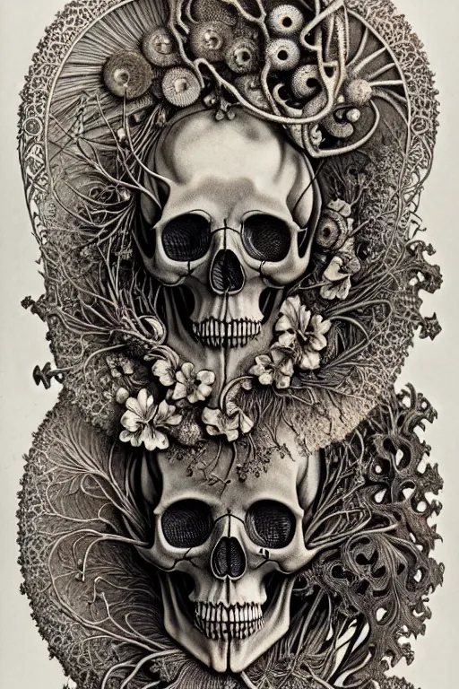 Image similar to art forms of nature by ernst haeckel, memento mori by arthur rackham, ornate antique porcelain beautiful skull mask, ultrasharp, photorealistic, hyperdetailed, octane render, polished, art nouveau, neo - gothic, gothic, intricate ornamental organic filigree, art nouveau botanicals, art forms of nature by ernst haeckel, horizontal symmetry, symbolist, visionary