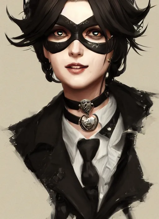 Image similar to a highly detailed illustration of beautiful short black messy haired woman wearing pirate eyepatch and noir style suit and tie, dramatic smiling pose, intricate, elegant, highly detailed, centered, digital painting, artstation, concept art, smooth, sharp focus, league of legends concept art, WLOP