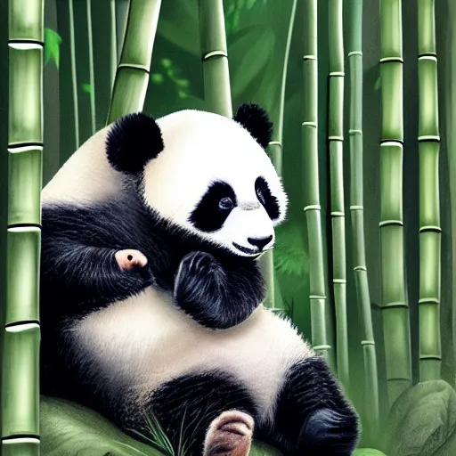 Image similar to A baby panda sleeping in a bamboo forest, highly detailed body ,it is raining, night time , peaceful atmosphere, moody lighting , digital art , highly detailed , high contrast, beautiful lighting, award winning , trending on art station, photorealistic, 8k