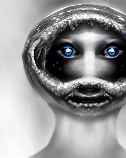 Prompt: detailed eyes, face of an underwater human descendant fishwoman, darkness, macro lens, very deep sea, mariana trench, teeth, dark, hd, dagon, fishpeople