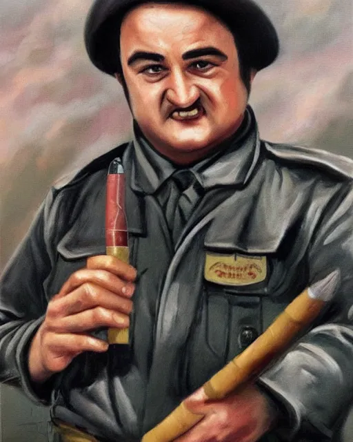 Image similar to oil painting, highly detailed, of john belushi as ww 2 era crazed national guard pilot wild bill kelso with his cigar, from the movie 1 9 4 1