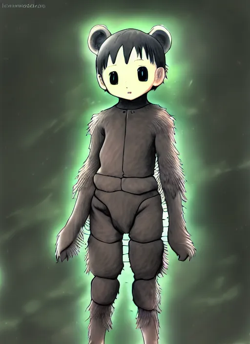 Image similar to beautiful little boy wearing an cyborg bear suit, artwork in kentaro miura and made in abyss and rosdraws, smooth, beautiful lightness, anatomically correct, trending on pixiv, forest