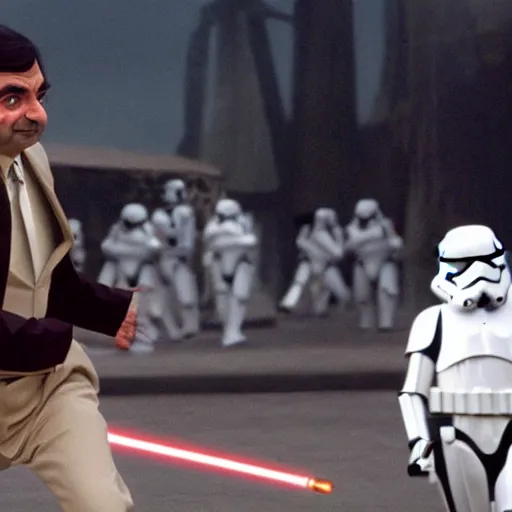 Prompt: mr bean in star wars, running away from storm troopers firing lasers