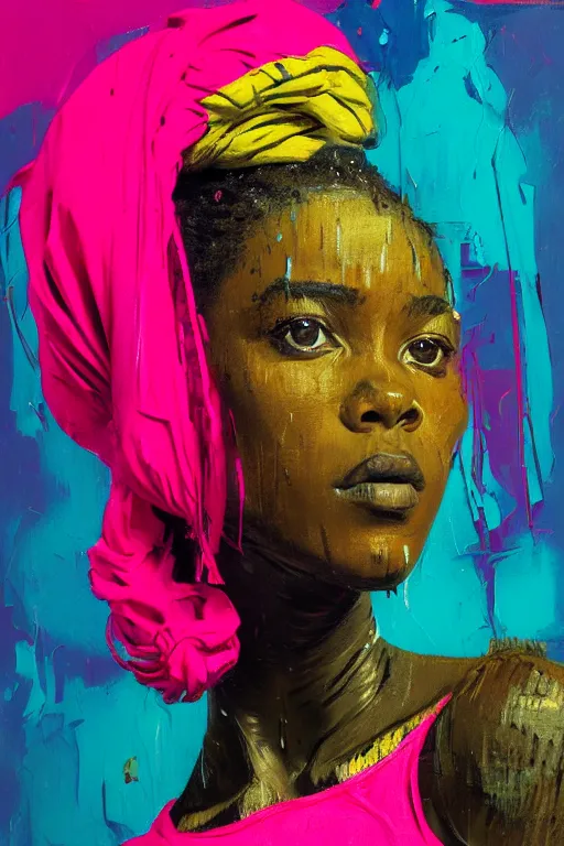 Prompt: portrait of a stylized african young lady, painted in acrylic, pigment textures, wet paint, in the colors hot pink and cyan, beautiful realistic face, rule of thirds, spotlight, by greg rutkowski, by jeremy mann, by francoise nielly, by van gogh, by ross tran, in focus