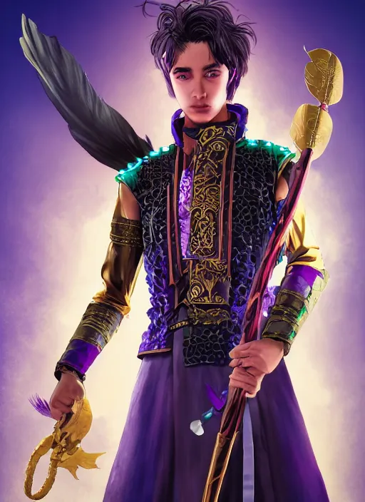 Prompt: An epic fantasy comic book style portrait painting of teenager boy with straight indigo hair, purple eyes with red eye markers, slim body, wearing a detailed Japanese kimono with golden armor pieces, holding a japanese fan. Unreal 5, DAZ, hyperrealistic, octane render, cosplay, RPG portrait, dynamic lighting
