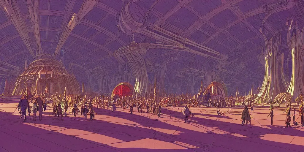 Image similar to cel shaded cinematic shot of the interior of a sci-fi space station with ornate Elven architecture bustling with people, epic castle, emerald, crystalline, detailed illustration, sharp focus, concept art by Moebius, Jean Giraud Moebius