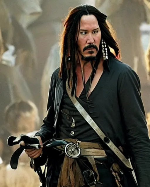 Prompt: Keanu reeves in a role of Captain Jack Sparrow