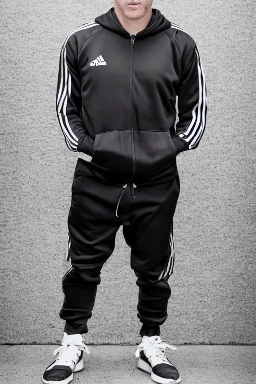 Prompt: Professional portrait photo of a drunk man wearing black adidas tracksuit, high quality photo, 25mm