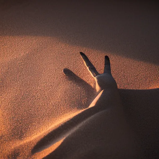 Prompt: Woman made out of sand sitting in desert at dusk and staring down at her hand as it slowly blows away into the wind. high quality, ultra detail, artistic lighting, artistic, award winning photo,