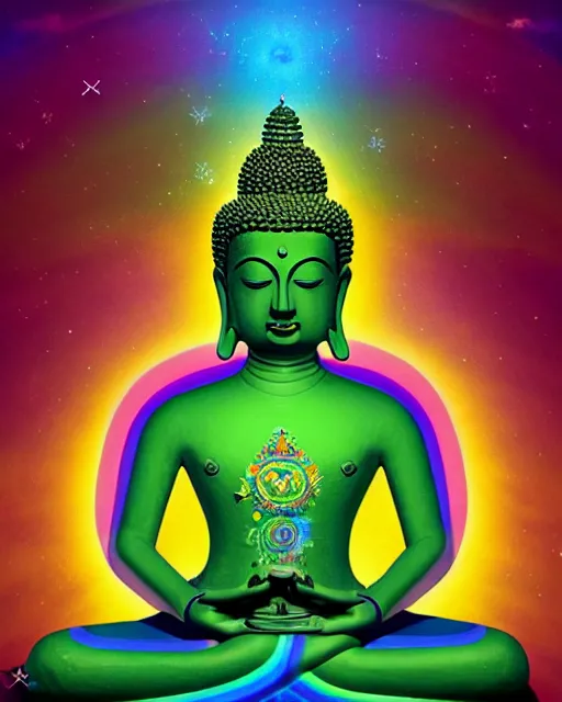 Prompt: the most beautiful star system, sky full of brightly coloured starts, inside of an expansive cave, green tara buddha with a crown of rainbow clouds, coherent design, symmetrical, vivid color, complementary color, golden ratio, detailed, sharp lines, intricate, rainbowshift, by in unreal engine, nvidia, octane render