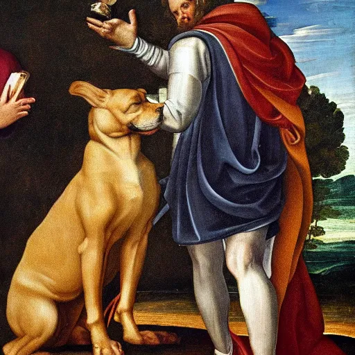 Image similar to renaissance painting of an anthropomorphic dog wearing an iron man suit