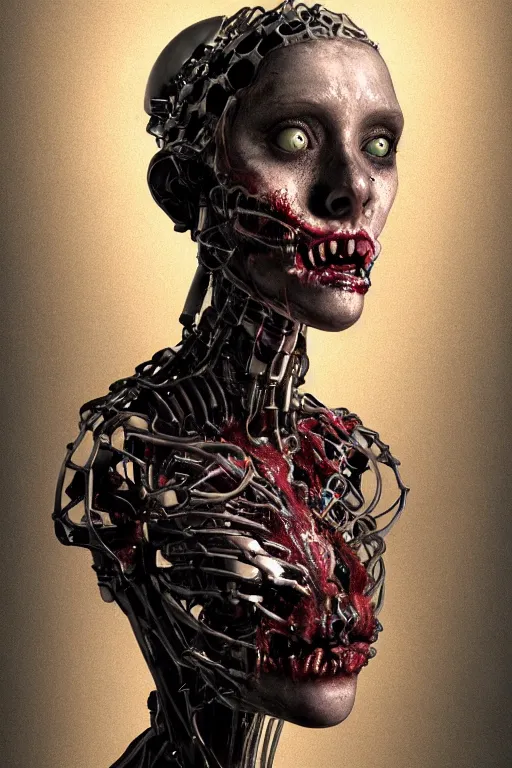 Image similar to portrait of a female zombie robot, intricate, dystopian terror, fangs, extremely detailed, digital painting, sculpted in zbrush, artstation, concept art, smooth, sharp focus, illustration, chiaroscuro lighting, golden ratio, rule of thirds, fibonacci, incredible art by Stanley Artgerm Lau and Greg Rutkowski, composition by mike mignola and Simon Stalenhag,