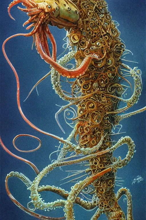 Image similar to skrimp, shrimpman biomechanical axolotl tentacle fish, masterpiece, intricate, elegant, highly detailed, digital painting, smooth, sharp focus, illustration, art by james gurney, graeme base, brian froud, alan lee