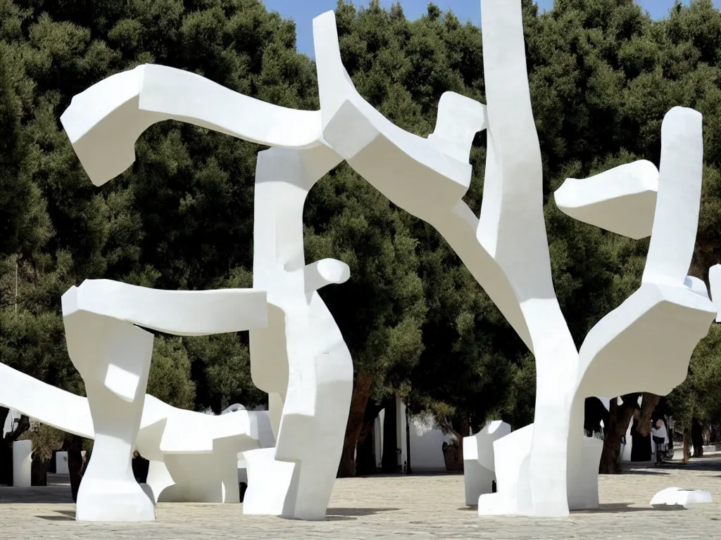 Prompt: huge white plastic sculpture by eduardo chillida on a mediterranean town square