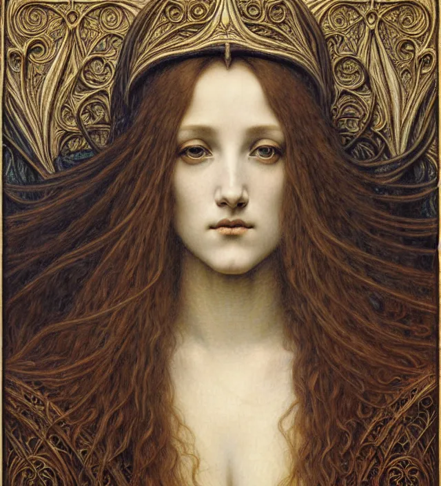 Image similar to detailed realistic beautiful young medieval queen face portrait by jean delville, gustave dore and marco mazzoni, art nouveau, symbolist, visionary, gothic, pre - raphaelite. horizontal symmetry