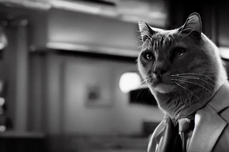 Image similar to film noir film still of a genetically modified anthropomorphic cat detective. neo - noir. directed by ridley scott. neon.