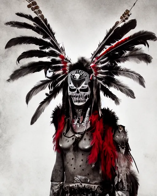 Image similar to the ghost - spirit of the grim - warpaint wears the scarlet skull armor and native blood headdress feathers, midnight fog - mist!, dark oil painting colors, realism, cinematic lighting, various refining methods, micro macro autofocus, ultra definition, award winning photo