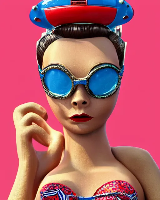 Image similar to highly detailed closeup, face profile portrait of a tin toy retro 1 9 5 0 s cara delevingne, bikini, depth of field, fashion photoshoot by max fleischer, breathtaking, detailed and intricate environment, 8 k resolution, hyperrealistic, octane render