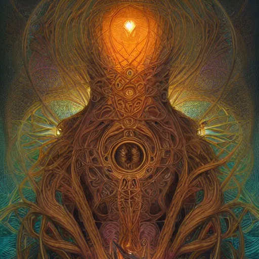 Prompt: faceless, shaman, cultist, lovecraftian, surreal, shrouded figure, powerful being, plant spirit, fractal entity, spirit guide, light being, pearlescent, shiny, glowing, ascending, beautiful, subtle pattern, trending on artstation, fractal pattern, sacred geometry by peter mohrbacher