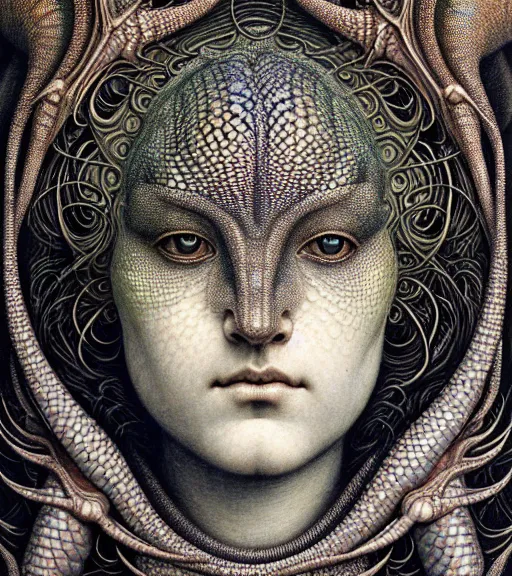 Image similar to detailed realistic beautiful lizard goddess face portrait by jean delville, gustave dore, iris van herpen and marco mazzoni, art forms of nature by ernst haeckel, art nouveau, symbolist, visionary, gothic, neo - gothic, pre - raphaelite, fractal lace, intricate alien botanicals, ai biodiversity, surreality, hyperdetailed ultrasharp octane render