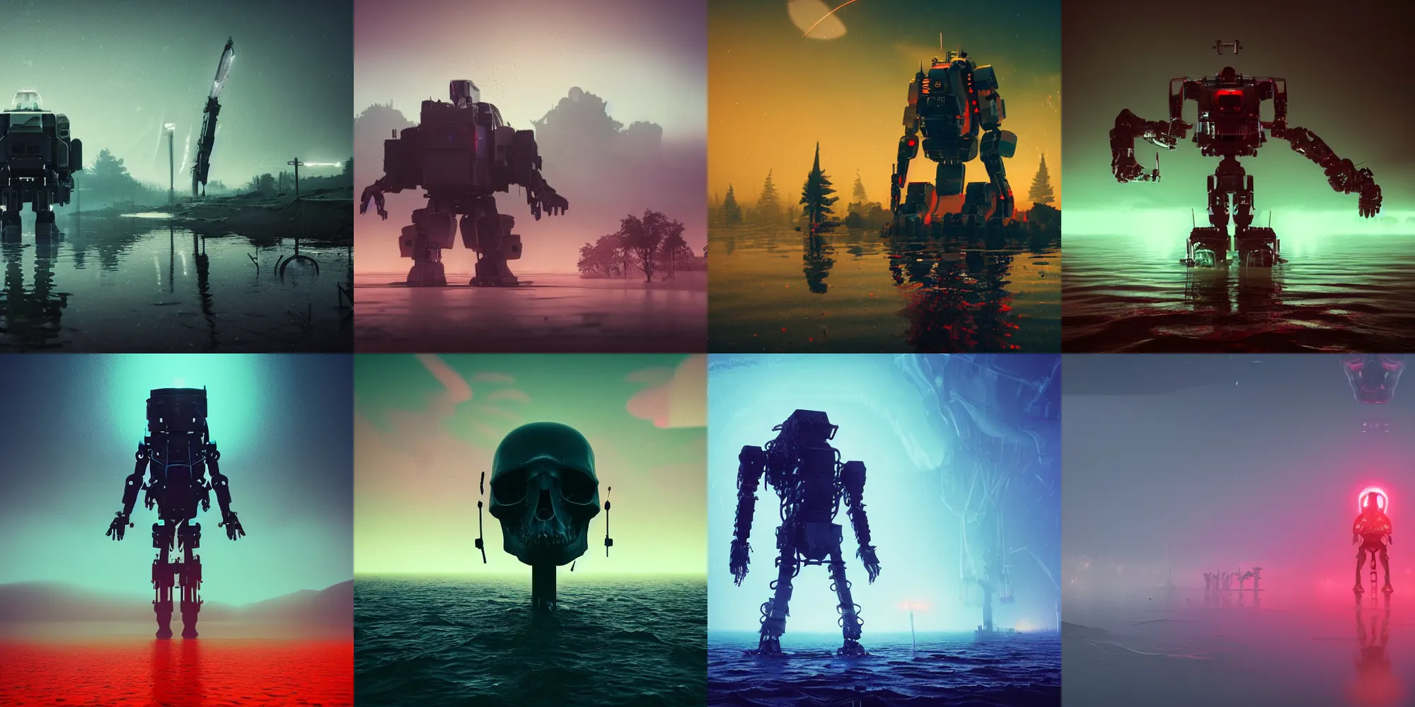 Prompt: beautiful dark bloody flooded landscape, giant robot with human skull, in the style of beeple and Mike Winkelmann, photo real, ultra realistic, intricate, epic lighting, 8k resolution, unreal engine 5, ultraviolet colors,