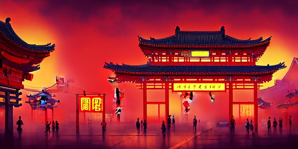 Image similar to chinese temple architecture with cyberpunk neon signs, orange sky, japanese town, cinematic view, concept art, high detail, well lit, volumetric, godrays, vivid, sunrise, trending on artstation, by jordan grimmer, art greg rutkowski