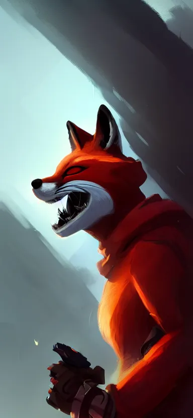 Prompt: a league of legends concept art of an anthropomorphic red fox in a black hoodie with scar on a face holding a gun, front view, artstation, digital art, oc commission, style by jordan grimmer and greg rutkowski, 4 k resolution