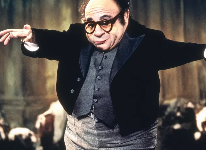 Image similar to film still of Danny Devito as Mr Mistoffelees in Cats, 4k