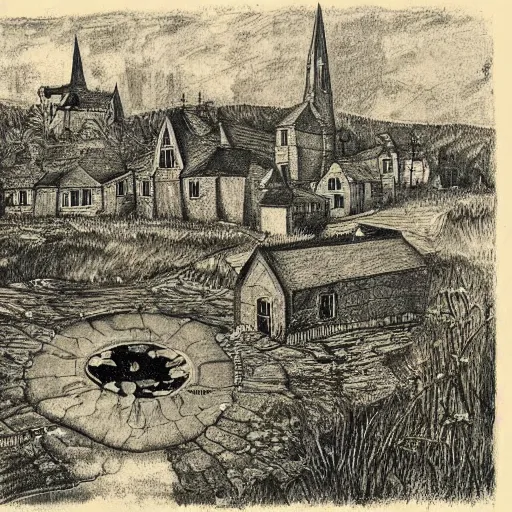 Prompt: lithography of a 1920s map of a small village with houses, a pond and a church, beautifully drawn, detailed, slightly spooky atmosphere, by Tolkien,