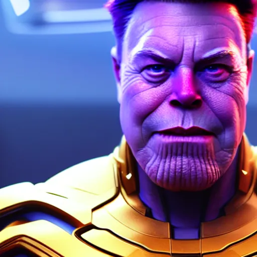 Image similar to a portrait of elon musk as thanos, the pixar adaptation, with same hairstyle, angry facial expressions, hyper detailed, digital art, trending in artstation, cinematic lighting, studio quality, smooth render, unreal engine 5 rendered, octane rendered