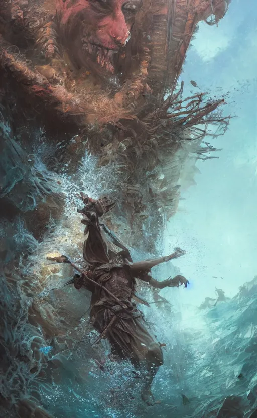 Image similar to full body of pirate finding an ancient trasure underwater, symmetrical face features, front game card, drark, marvel comics, dark, intricate, highly detailed, smooth, artstation, digital illustration by ruan jia and mandy jurgens and artgerm and wayne barlowe and greg rutkowski and zdislav beksinski