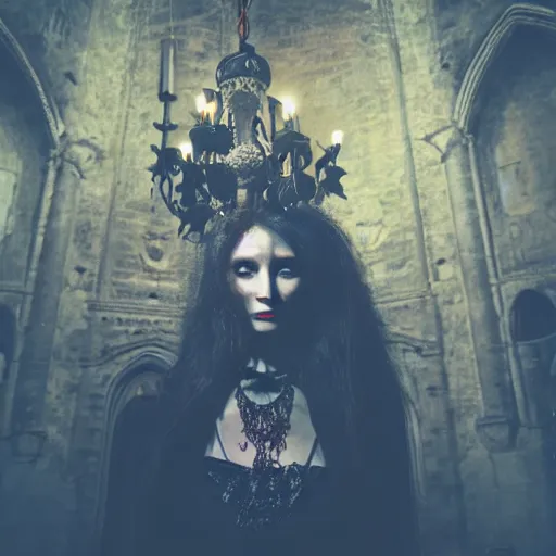 Image similar to portrait of a beautiful witch in a decaying-cathedral-lit-by-skull-chandelier, volumetric lighting, cinematic