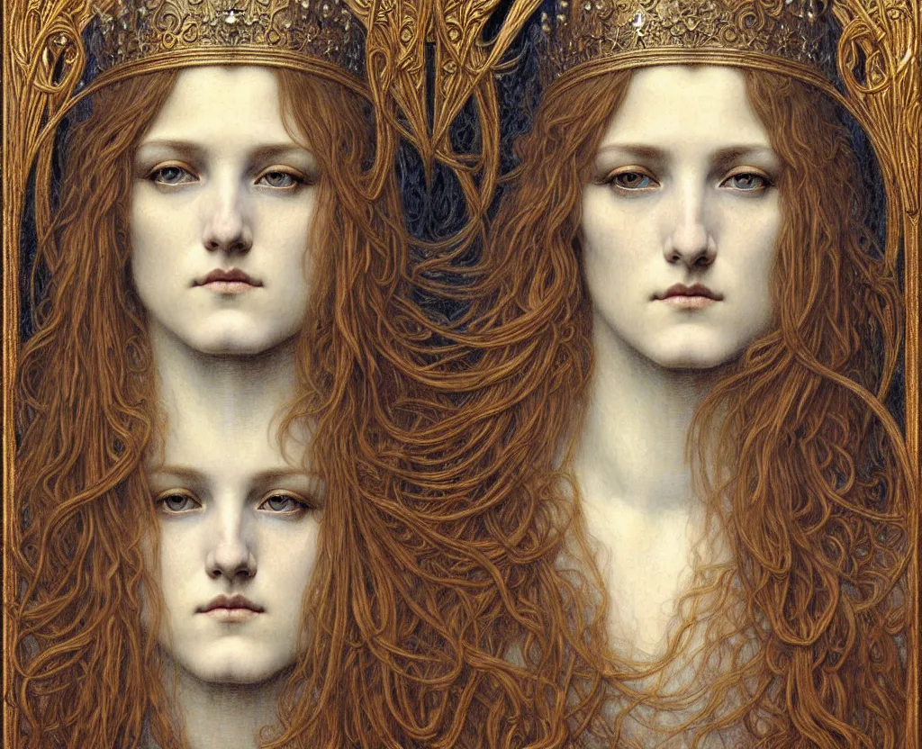 Image similar to detailed realistic beautiful young medieval queen face portrait by jean delville, gustave dore and marco mazzoni, art nouveau, symbolist, visionary, gothic, pre - raphaelite. horizontal symmetry